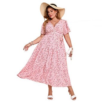 Plus Size Women Dress Maxi Floral Tiered Waist Tie Dresses Short Sleeve V Neck Summer Causal Dress