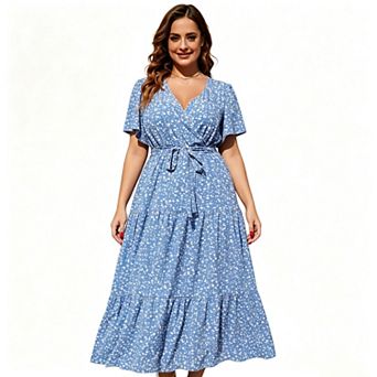 Plus Size Women Dress Maxi Floral Tiered Waist Tie Dresses Short Sleeve V Neck Summer Causal Dress