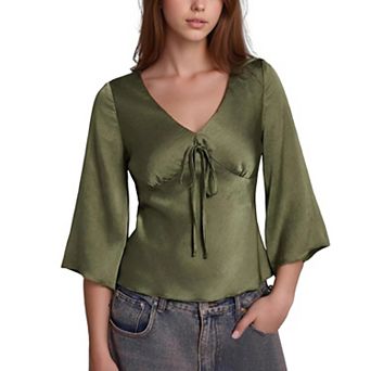 Women's Summer Tie Front v Neck Satin Shirt Cute Tops with Bow Casual Going Out Clothes