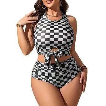 Women's Plus Size Checkered Tankini Set with Cutout and Tie Waist Detail