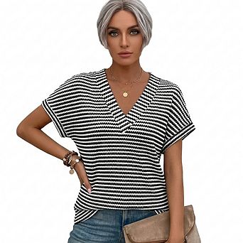 Women's Waffle Knit V-Neck Top, Short Sleeve Casual Sweater for Spring & Summer