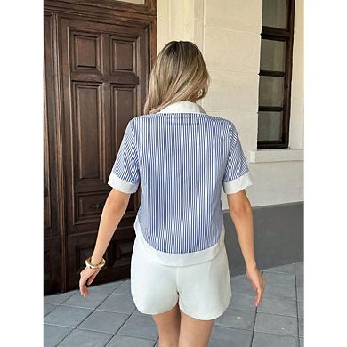 Women's Striped Collared Blouse, Short Sleeve Button Down Top with Contrast Trim