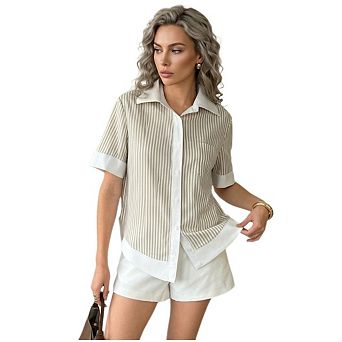 Women's Striped Collared Blouse, Short Sleeve Button Down Top with Contrast Trim