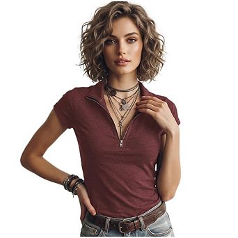 Women's Ribbed Knit Henley Top, Solid V-Neck Zip Up Short Sleeve Slim Fit Blouse for Summer