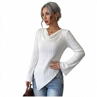 Women's Ribbed Knit Sweater, Cowl Neck Long Sleeve Y2K Tunic with Asymmetric Hem for Fall