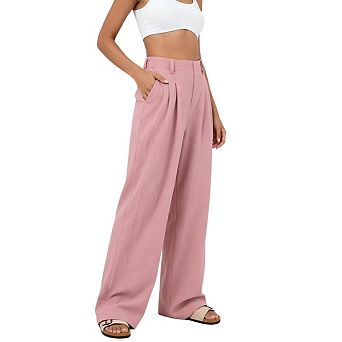 Women's High Waist Pleated Wide Leg Pants Flowy Lightweight Lien Trousers