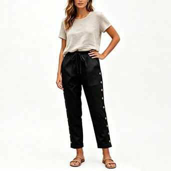 Women's Linen Blend Drawstring Waist Pants, Loose Fit Ankle Trousers with Side Buttons & Pockets