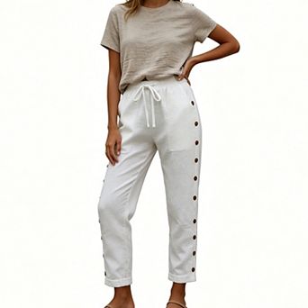 Women's Linen Blend Drawstring Waist Pants, Loose Fit Ankle Trousers with Side Buttons & Pockets