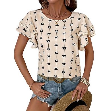 Women's Crew Neck Short Ruffle Sleeve Floral Print Blouse Boho Style Vacation Top