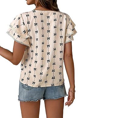 Women's Crew Neck Short Ruffle Sleeve Floral Print Blouse Boho Style Vacation Top
