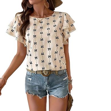 Women's Crew Neck Short Ruffle Sleeve Floral Print Blouse Boho Style Vacation Top