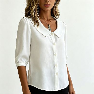 Women's Peter Pan Collar Button Down Blouse, V Neck Puff Short Sleeve Casual Office Shirt