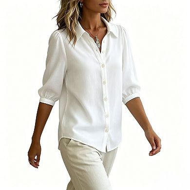 Women's Peter Pan Collar Button Down Blouse, V Neck Puff Short Sleeve Casual Office Shirt
