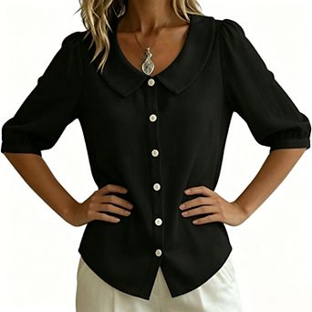 Women's Peter Pan Collar Button Down Blouse, V Neck Puff Short Sleeve Casual Office Shirt