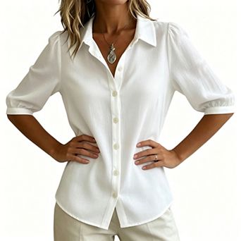Women's Peter Pan Collar Button Down Blouse, V Neck Puff Short Sleeve Casual Office Shirt