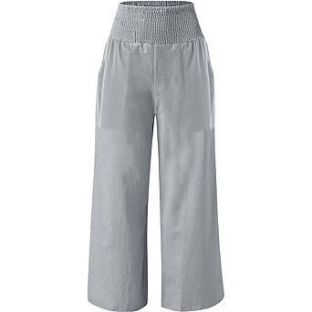 Women's High Waist Smocked Wide Leg Cotton Lien Pants Casual Loose Fit Trousers