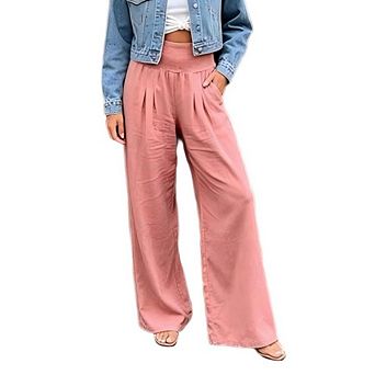 Women's High Waist Smocked Wide Leg Cotton Lien Pants Casual Loose Fit Trousers