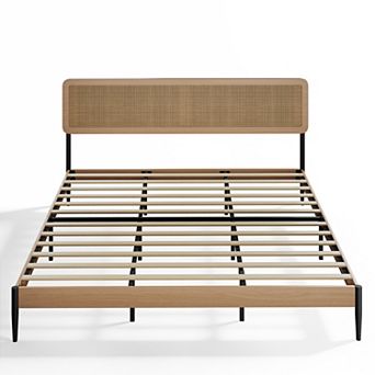 Boho Rattan Bed Frame with Wood Grain Headboard Modern Wooden Platform Bed No Box Spring Needed
