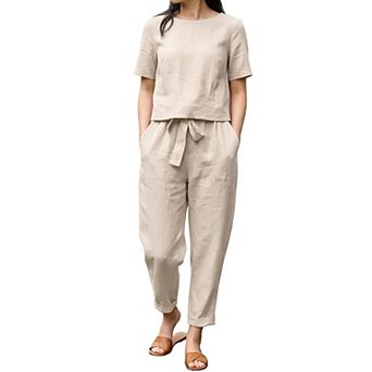 Women's 2 pc Outfits Casual Short Sleeve Crew Neck Top and High Waisted Pants Set with Pockets