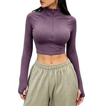 Women's Crop Long Sleeve Shirts Athletic Yoga Gym Running Top