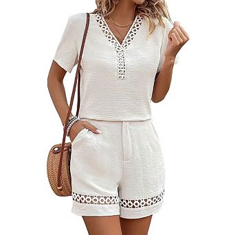 Women's 2 pc Summer Outfits Hollow Out V-Neck Top and Matching Shorts Set