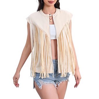 Women's Crew Neck Sleeveless Fringe Western Zip Up Jacket Coat