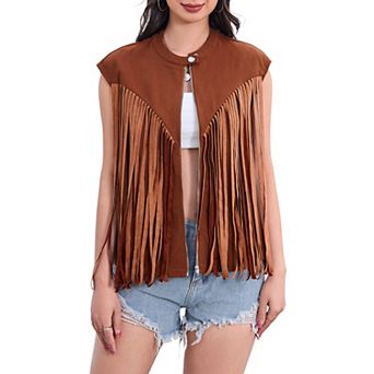 Women's Crew Neck Sleeveless Fringe Western Zip Up Jacket Coat