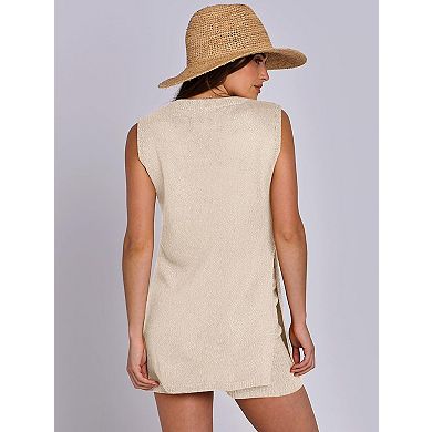 Women's Crew Neck Sleeveless Top and Shorts Set Two Piece Knit Sweater