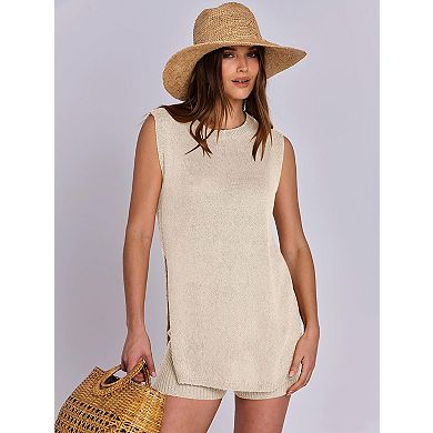 Women's Crew Neck Sleeveless Top and Shorts Set Two Piece Knit Sweater