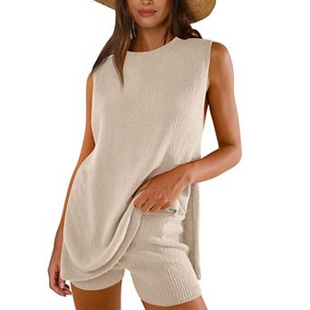 Women's Crew Neck Sleeveless Top and Shorts Set Two Piece Knit Sweater