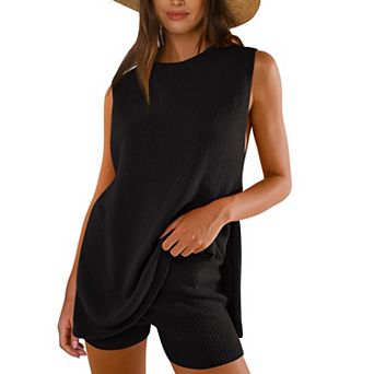 Women's Crew Neck Sleeveless Top and Shorts Set Two Piece Knit Sweater