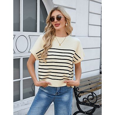 Women's Crew Neck Short Sleeve Loose Knit Pullover Sweater Top