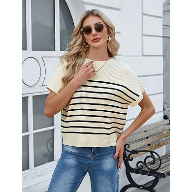 Women's Crew Neck Short Sleeve Loose Knit Pullover Sweater Top