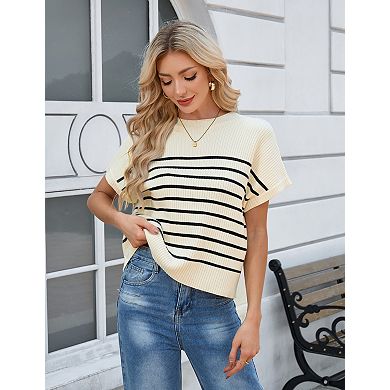 Women's Crew Neck Short Sleeve Loose Knit Pullover Sweater Top