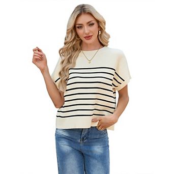 Women's Crew Neck Short Sleeve Loose Knit Pullover Sweater Top