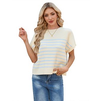 Women's Crew Neck Short Sleeve Loose Knit Pullover Sweater Top