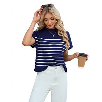 Women's Crew Neck Short Sleeve Loose Knit Pullover Sweater Top