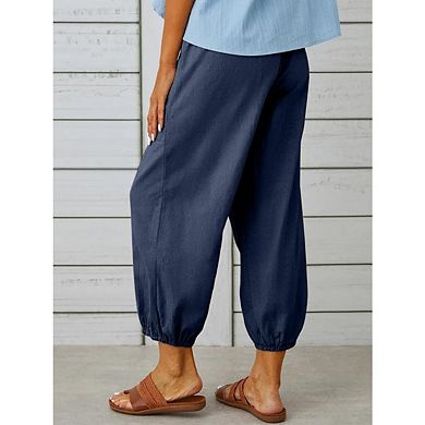 Linen Pants High Waist Drawstring Cinch Bottom with Button Cotton Loose Casual Trouser