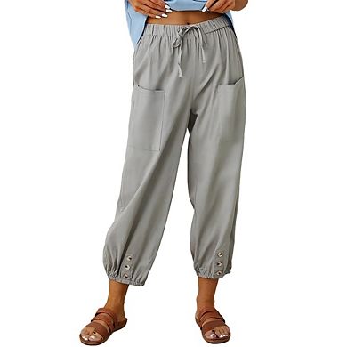 Linen Pants High Waist Drawstring Cinch Bottom with Button Cotton Loose Casual Trouser