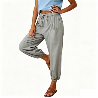 Linen Pants High Waist Drawstring Cinch Bottom with Button Cotton Loose Casual Trouser