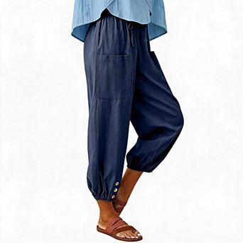 Linen Pants High Waist Drawstring Cinch Bottom with Button Cotton Loose Casual Trouser