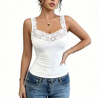 Women's Lace Trim Scoop Neck Cami Top, Sleeveless Slim Fit Stretchy Layering Tank Shirt