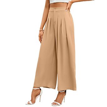 Women High Waist Pleated Wide Leg Cropped Dress Pants Button Business Casual Culottes