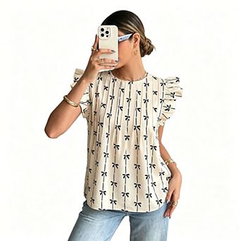 Women's Bow Print Pleated Blouse, Round Neck Ruffle Cap Sleeve Loose Fit Casual Office Top