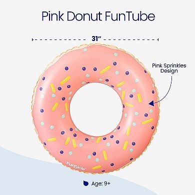 Funsicle Pink Donut FunTube, 31” Inflatable Pool Float, Repair Patch, Age 9 and up