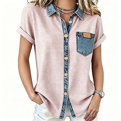 Women's Color Block Button Down Shirt, Denim Patchwork Collar & Pocket Rolled Short Sleeve Blouse