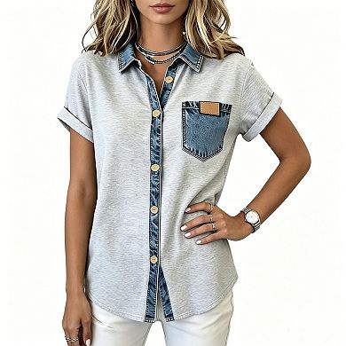 Women's Color Block Button Down Shirt, Denim Patchwork Collar & Pocket Rolled Short Sleeve Blouse