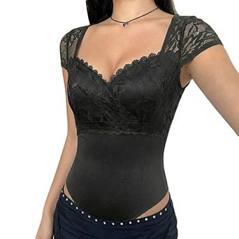 Women's V Neck Lace Short Sleeve Bodysuit, Wrap Front Fitted Stretch Layering Jumpsuit Top