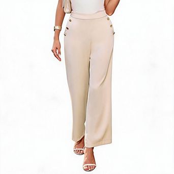 Women's High Waist Wide Leg Dress Pants, Decorative Gold Button Straight Leg Casual Trousers