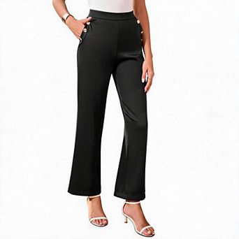 Women's High Waist Wide Leg Dress Pants, Decorative Gold Button Straight Leg Casual Trousers